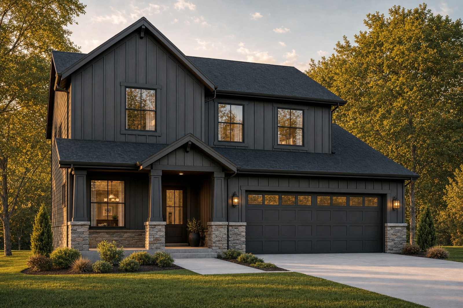 Finished home exterior with landscaping