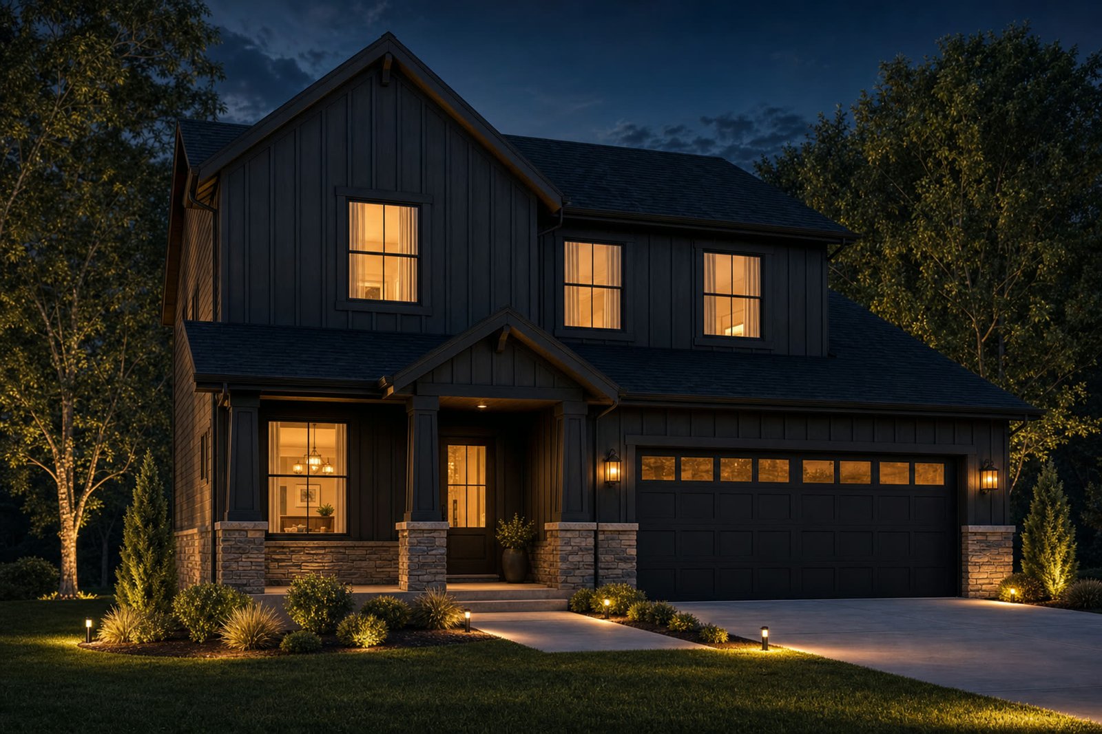 Completed home at night with lights on
