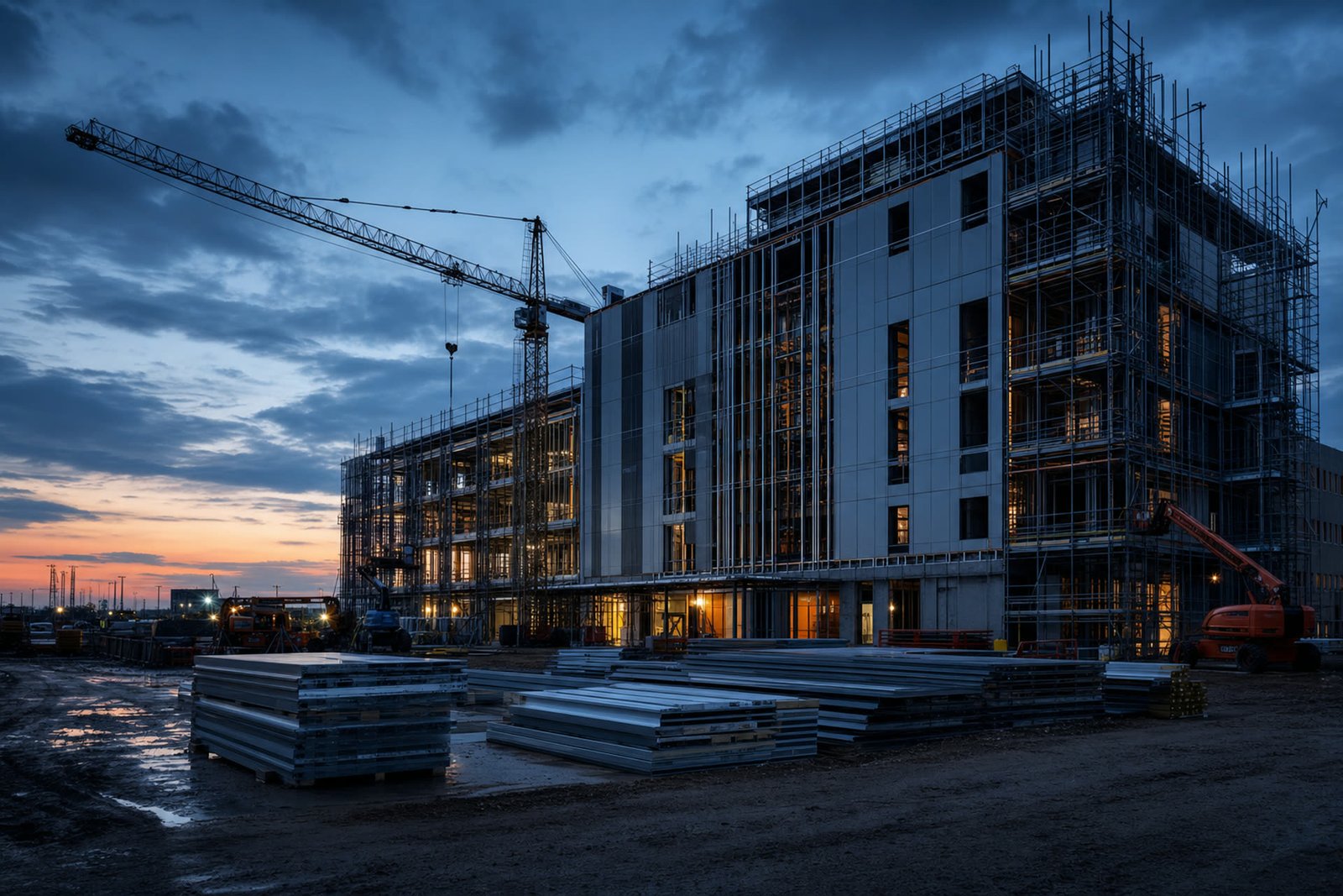 Commercial construction site at dusk